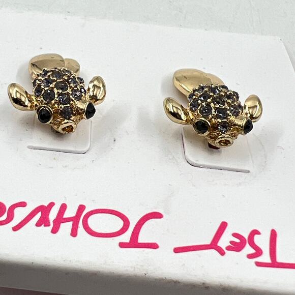 Betsey Johnson Sea Turtle Earrings Gold Tone Gray and Black Rhinestones - Picture 5 of 6